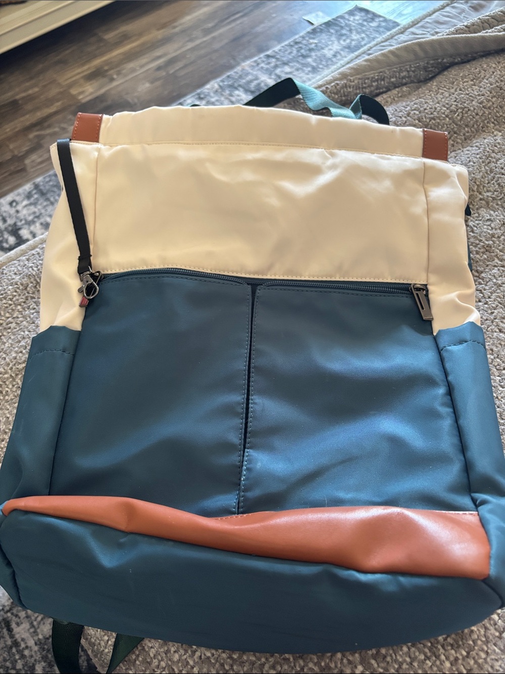 Cream and Teal Colorblock Backpack with Brown Trim for books or computer